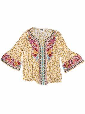 SAVANNA JANE Yellow Floral Embroidered V-Neck Tunic w Pink & Turquoise Accents